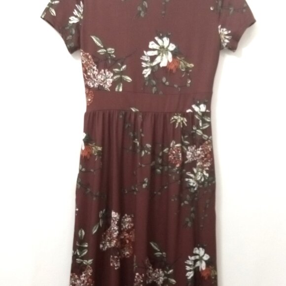 Zattcas Mock Wrap Short Sleeve Maroon Floral Long Tall Maxi Dress Size M - Picture 11 of 12